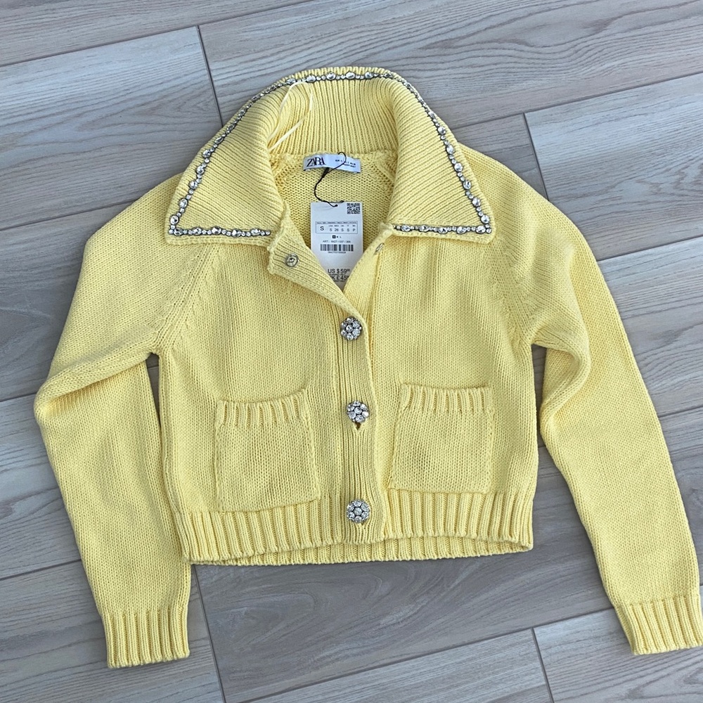Zara Lemon Knit Cardigan with Jewel Collar